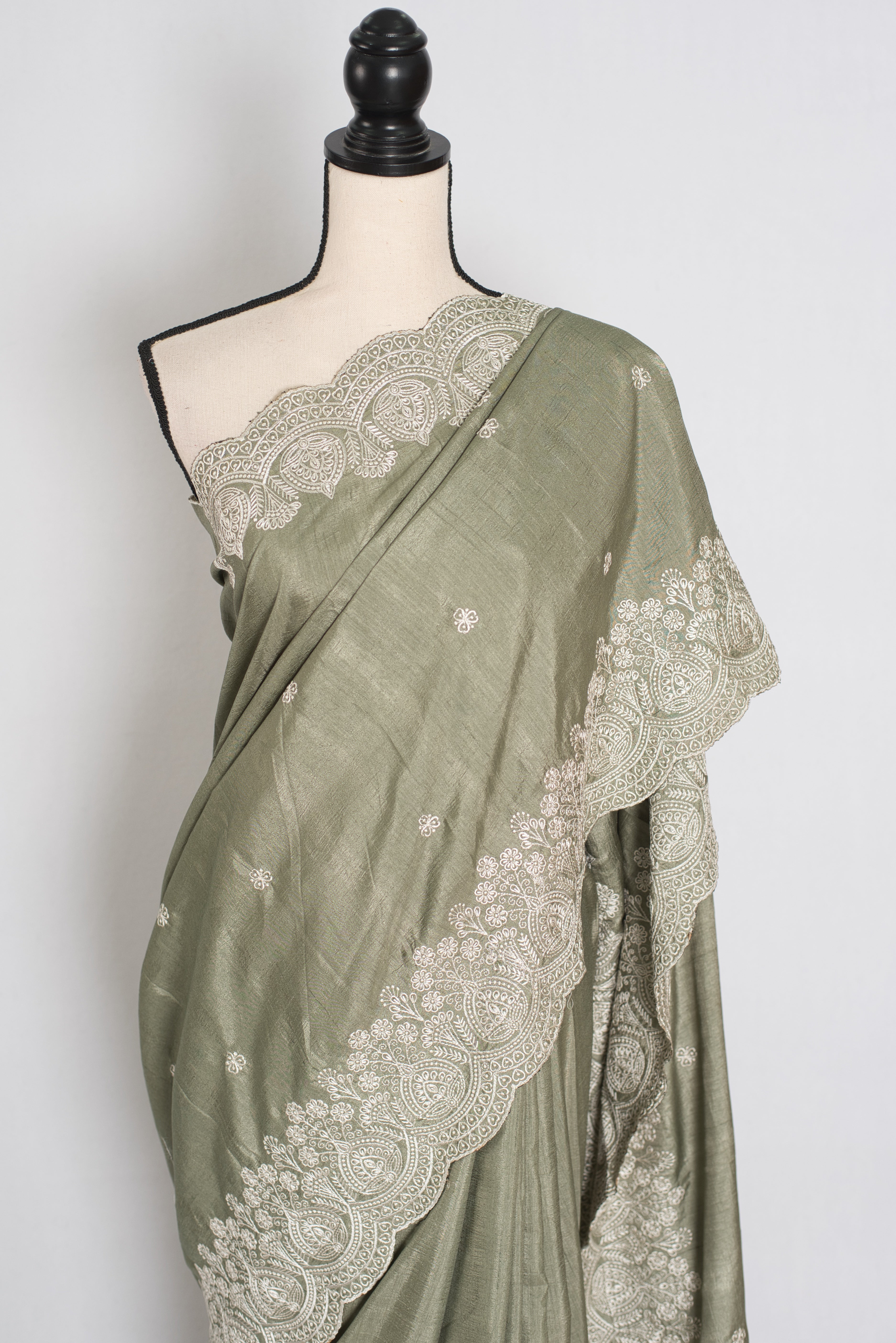 Hema | Sage Green Semi Tussar Silk Saree | Machine Embroidery & Scalloped Border