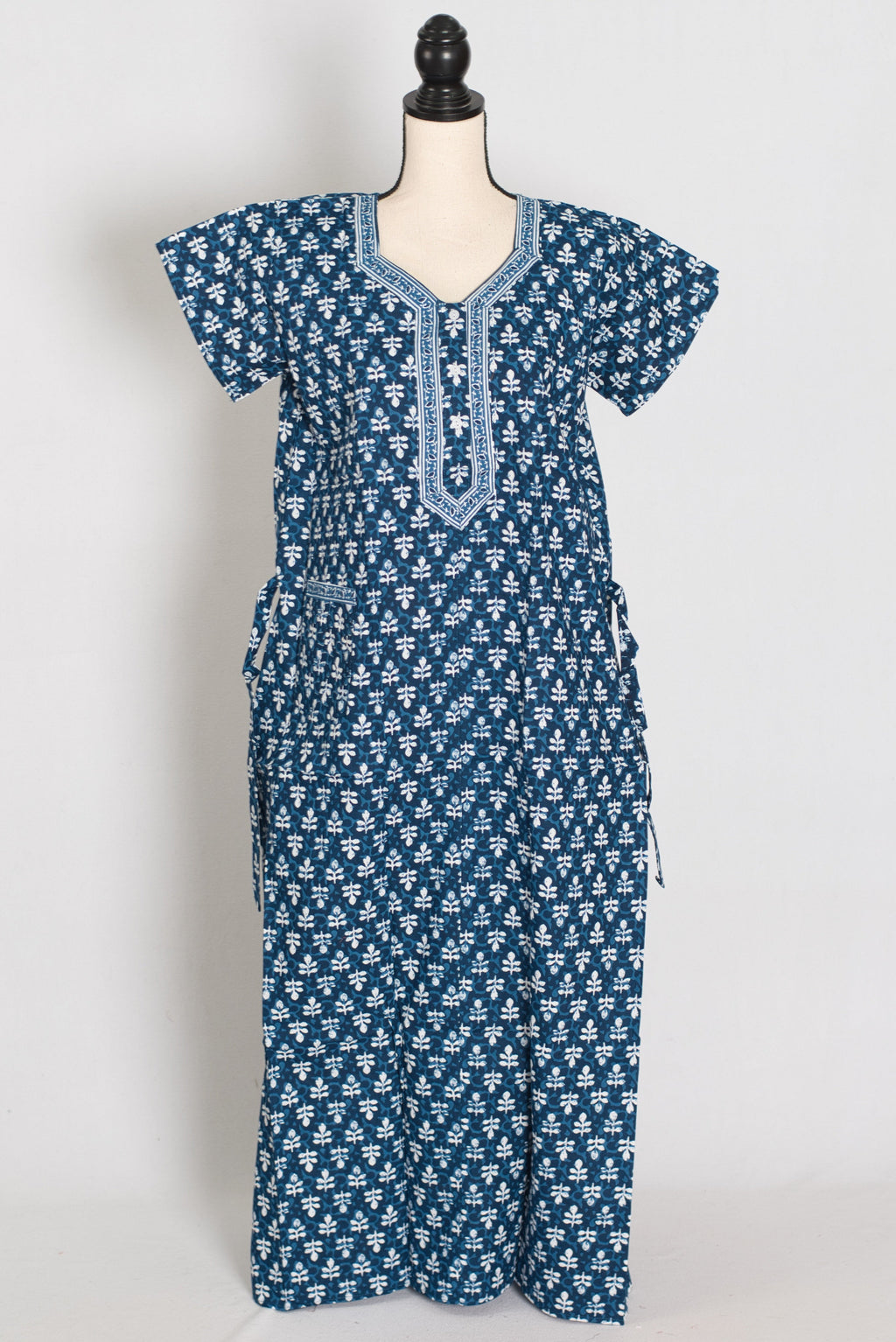Indigo Blue Floral Sprig Block Print Pure Cotton Indian Nightgown
