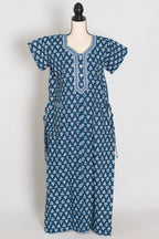 Indigo Blue Floral Sprig Block Print Pure Cotton Indian Nightgown