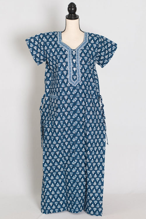 Indigo Blue Floral Sprig Block Print Pure Cotton Indian Nightgown