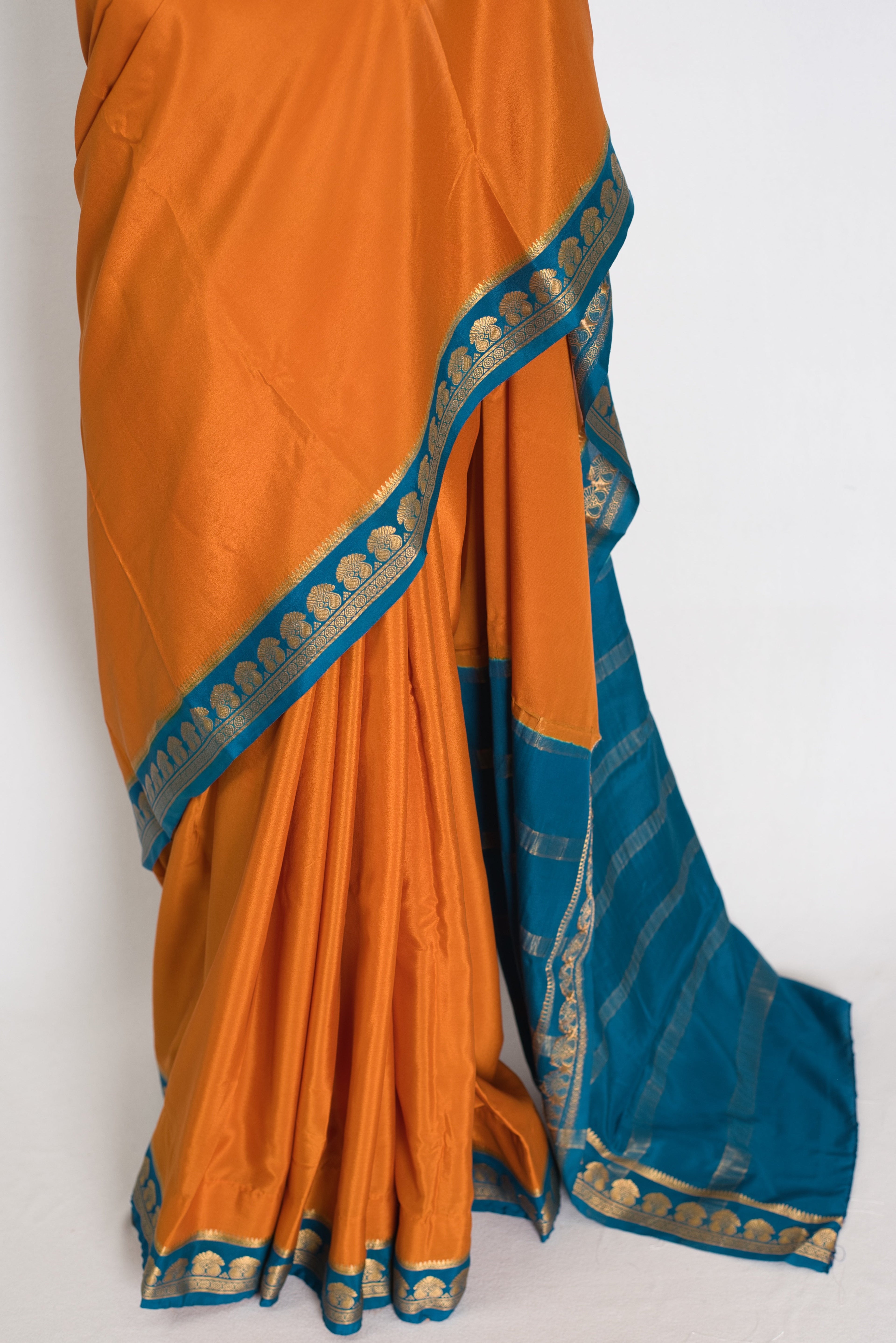 Nandini Orange and Turquoise Pure Mysore Silk Crepe Saree with 36 Size Blouse