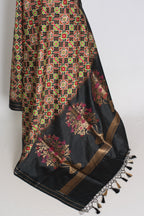 Kriti : Black and Gold Contemporary Ikkat Print Banarasi Katan Silk Saree