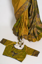 Bithi | Heena Green Handwoven Bishnupuri Baluchari Silk Saree | 38 Size Blouse