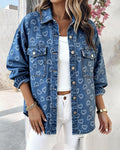 Womens Retro Full Print Heart Jacquard Denim Jacket
