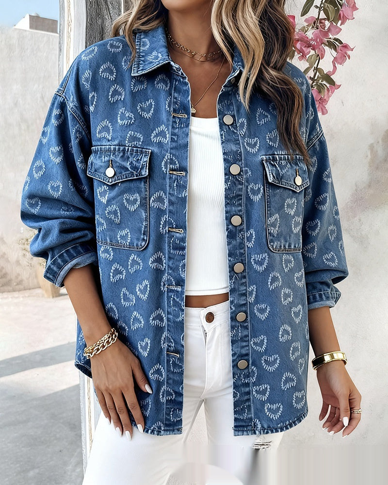 Womens Retro Full Print Heart Jacquard Denim Jacket