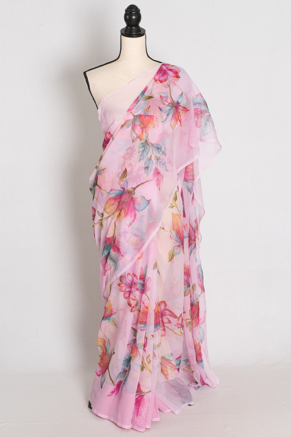 Lia : Pink Floral Printed Chiffon Saree – Budget-Friendly Summer Drape