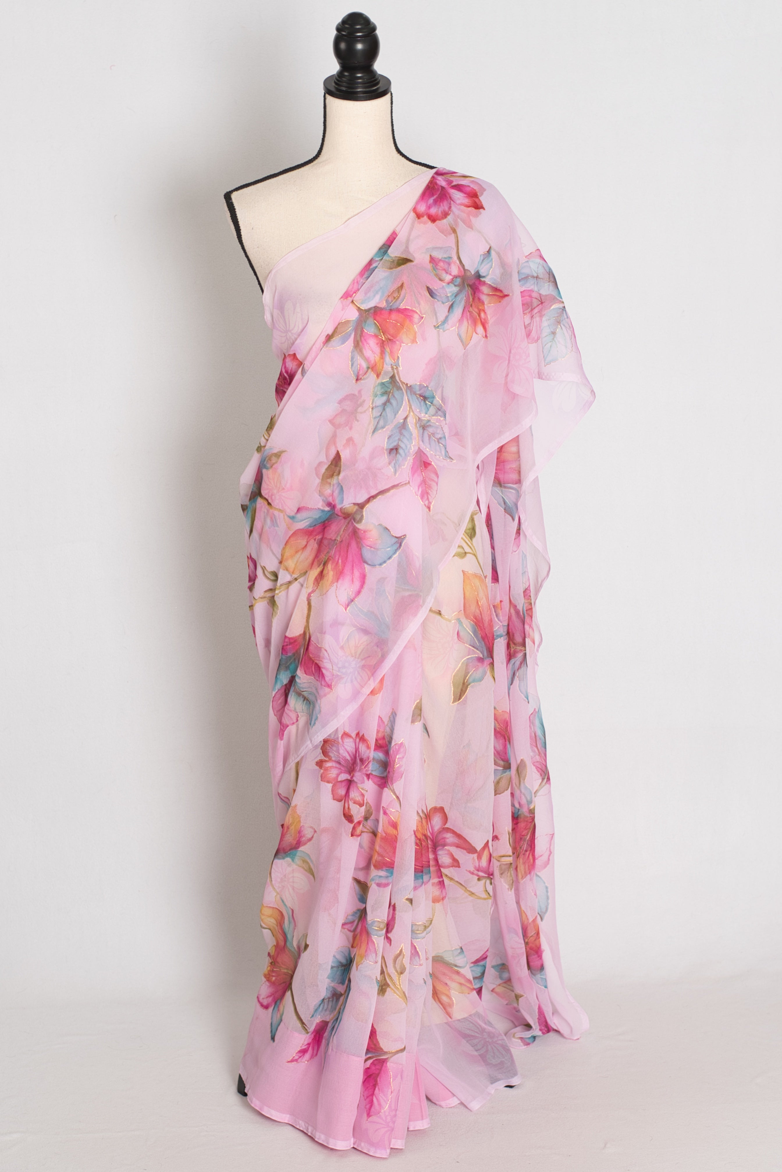 Lia : Pink Floral Printed Chiffon Saree – Budget-Friendly Summer Drape