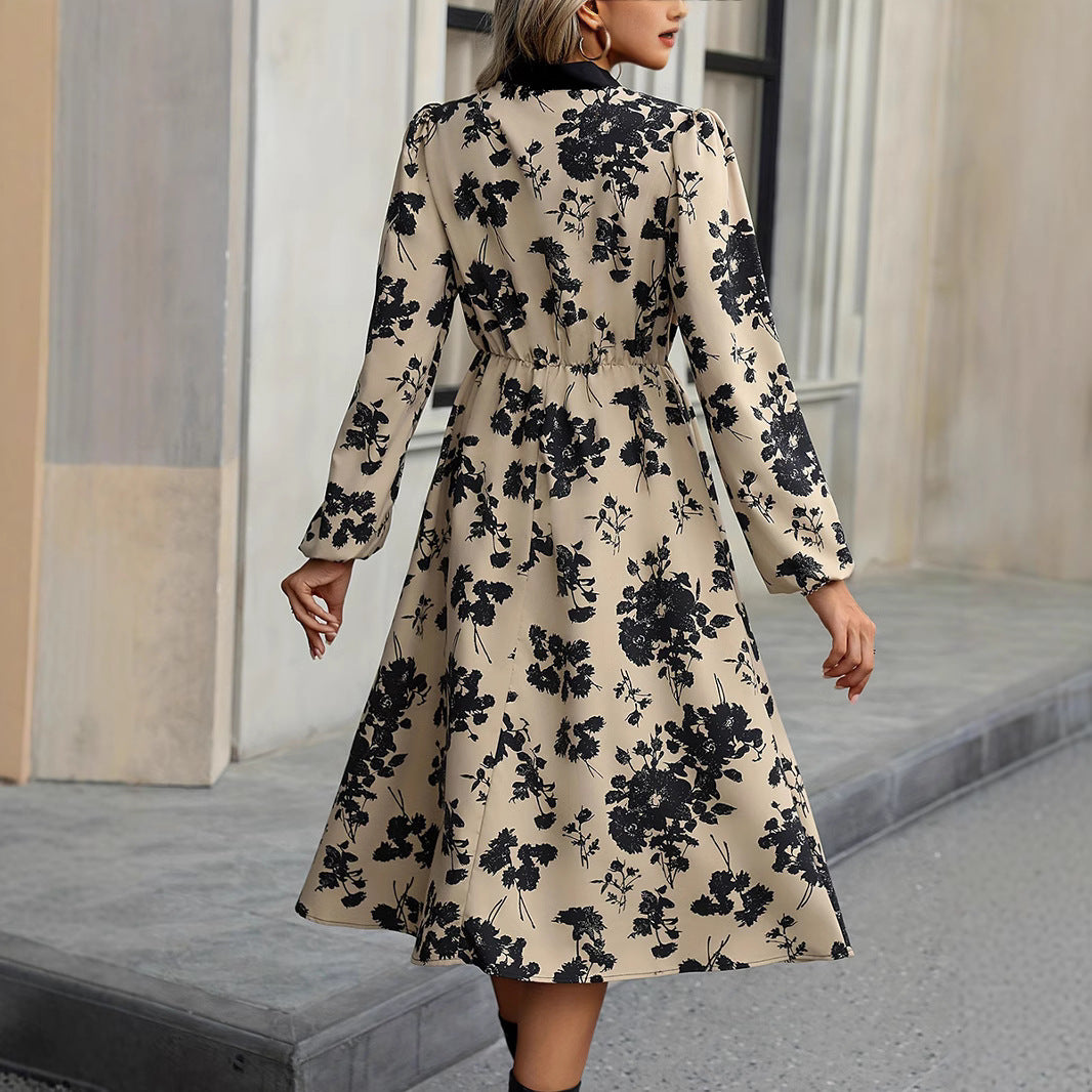 Womens Mid-Length A-Line Dress With Long Sleeves Neck Tie And Lacing