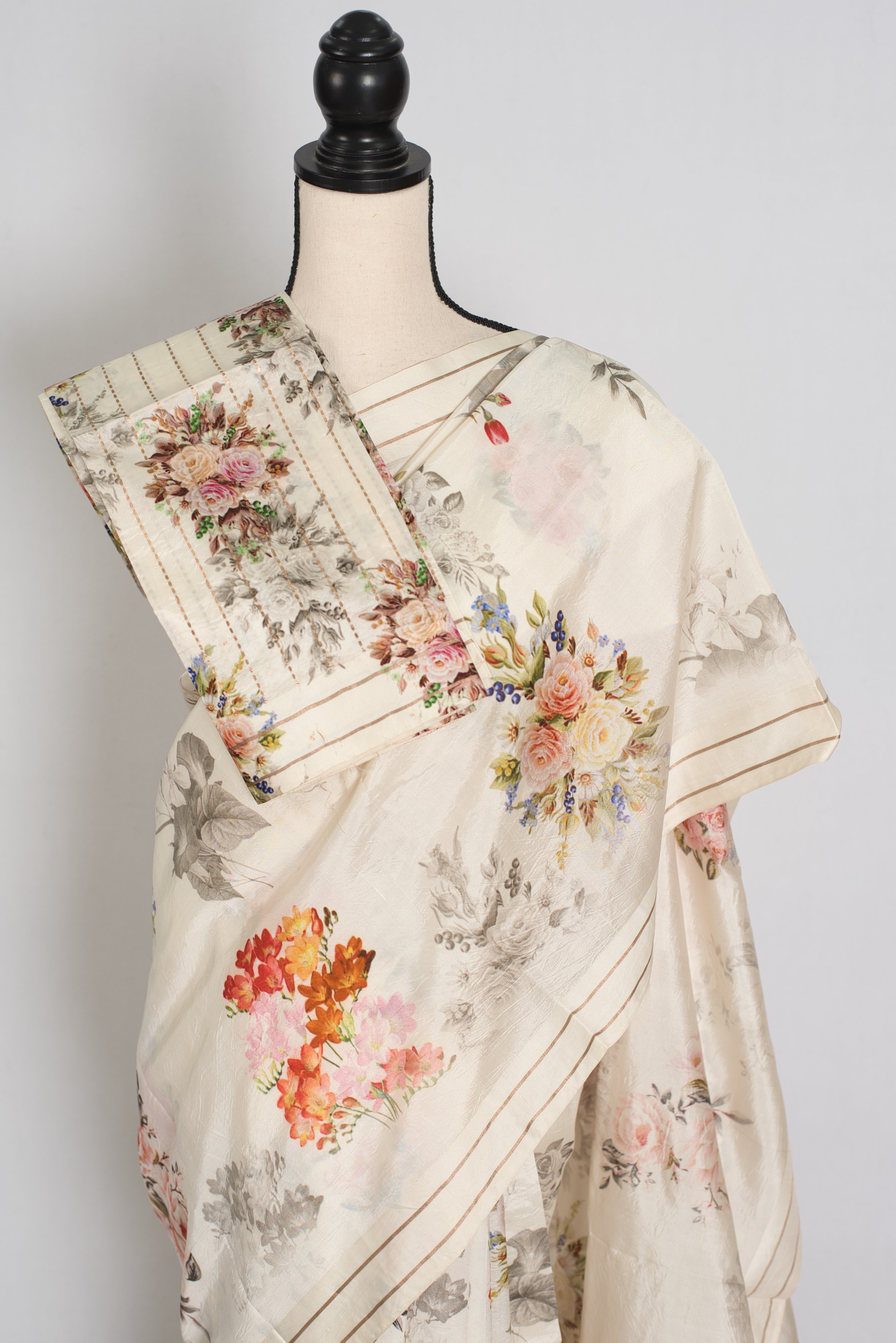 Sheuli : Ivory White Floral Printed Banarasi Katan Silk Saree