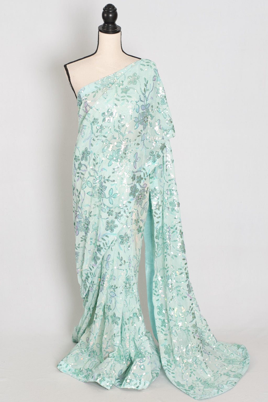 Ishq | Sea Green Soft Net Saree | Ready-To-Wear Set with Size 36 Stitched Blouse