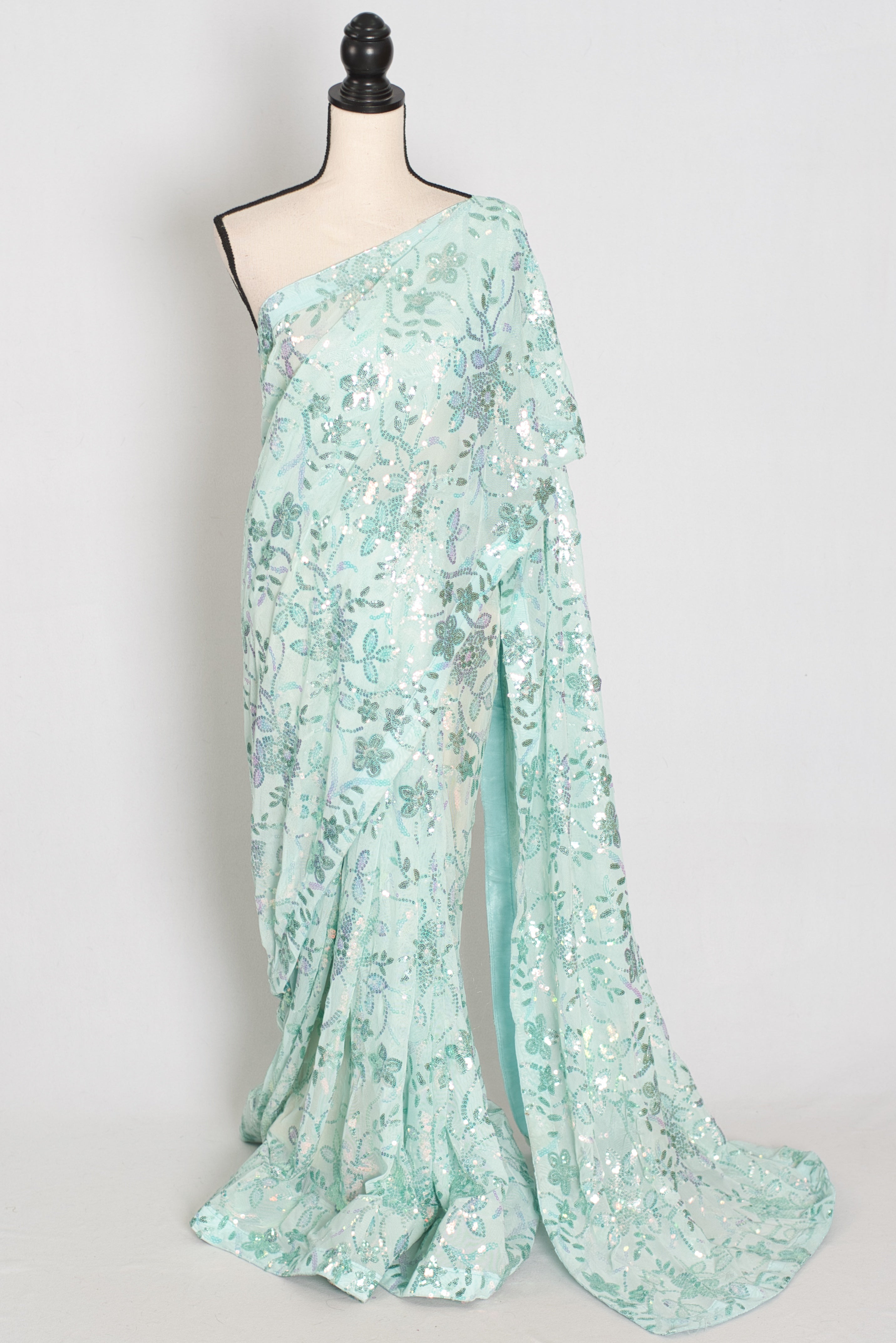 Ishq | Sea Green Soft Net Saree | Ready-To-Wear Set with Size 36 Stitched Blouse