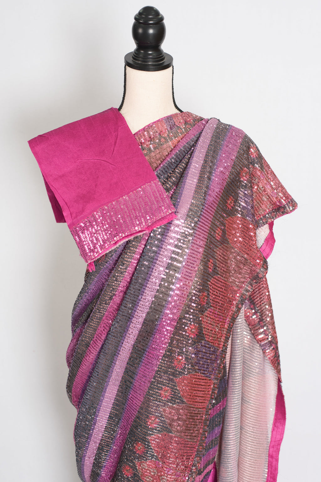 Ruhi | Pink Designer Sequin Saree | Bollywood Style Multi-Tonal Striped Shimmer