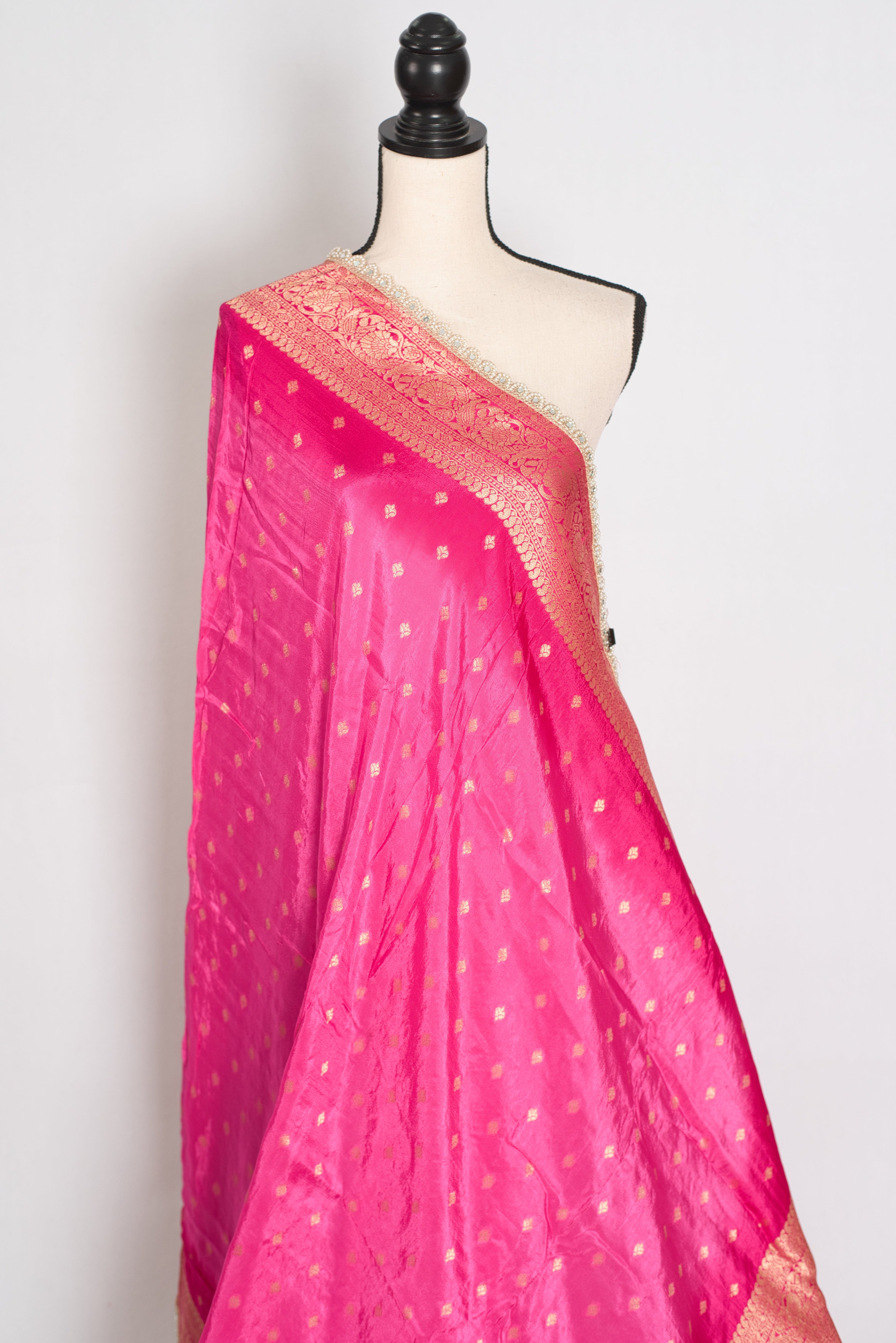 Abira | Pink & Gold Dola Silk Banarasi Saree | Designer Stitched Lace Border