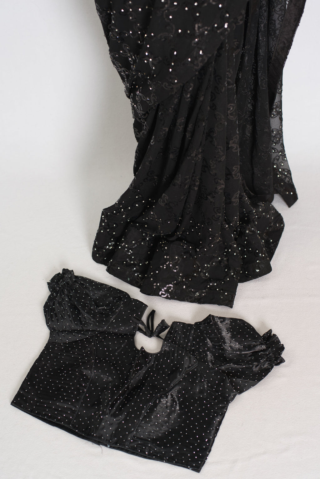 Kajaal | Black Soft Net Fitted Cocktail Saree| Sequins & Stone Embellishments