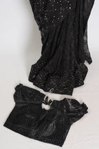 Kajaal | Black Soft Net Fitted Cocktail Saree| Sequins & Stone Embellishments