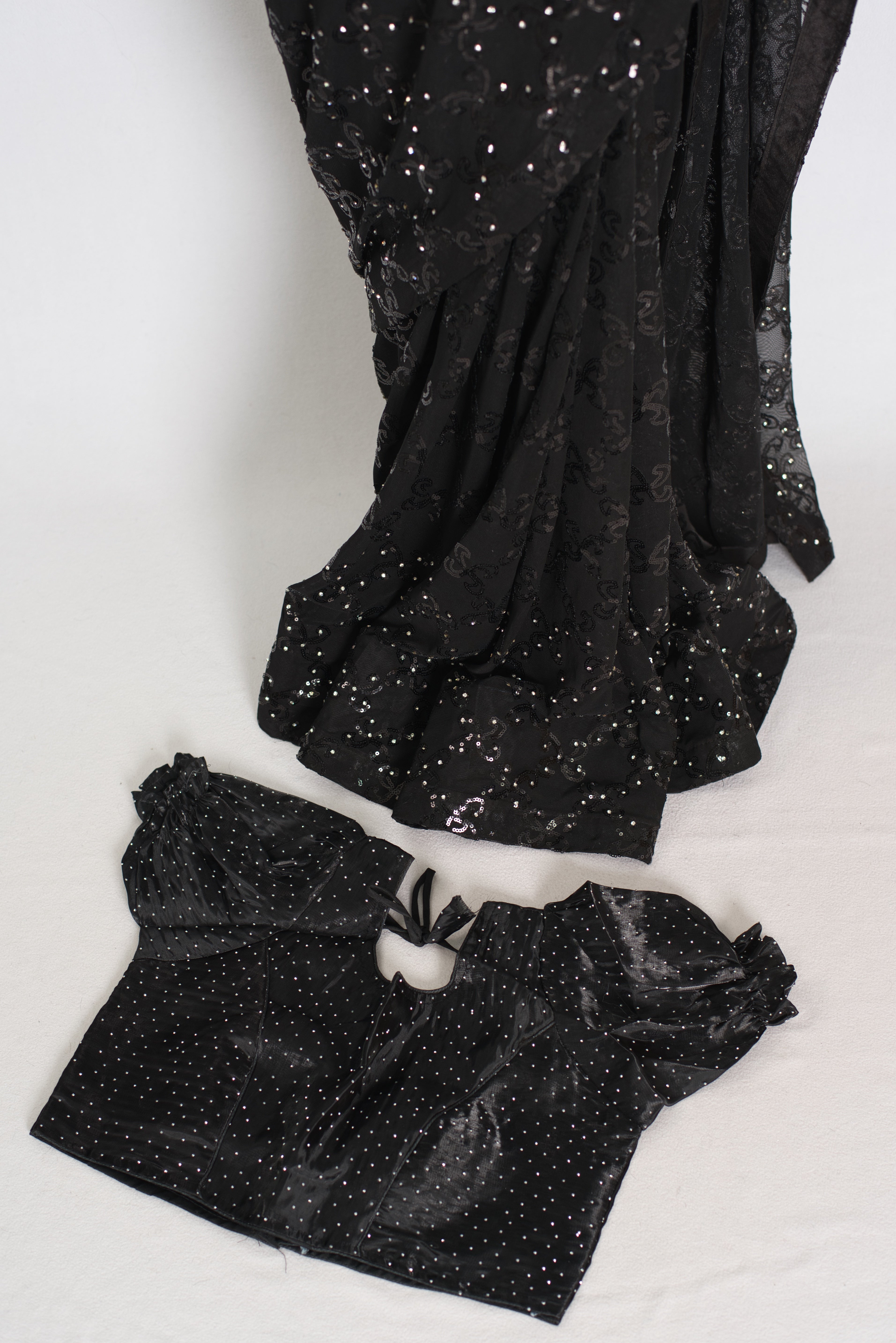 Kajaal | Black Soft Net Fitted Cocktail Saree| Sequins & Stone Embellishments