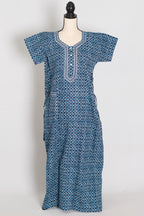 Indigo Blue Geometric Circle Print Pure Cotton Long Indian Nightgown