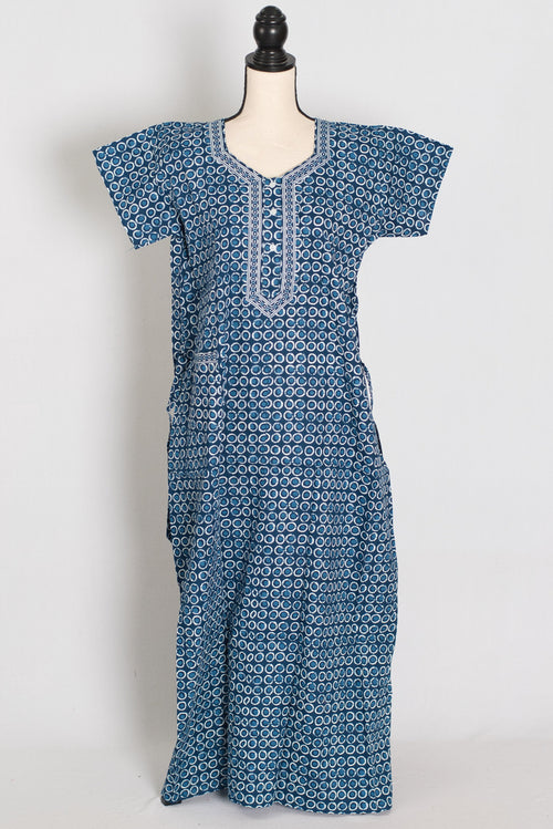 Indigo Blue Geometric Circle Print Pure Cotton Long Indian Nightgown