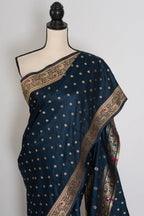 Nayan | Midnight Blue Semi Mashru Banarasi Saree | Pre-Stitched Size 38 Blouse