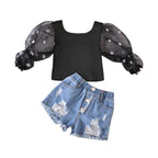 Children'S Clothing Cotton Dot Mesh Sleeves Striped Top Ripped Denim Shorts Kids Suit