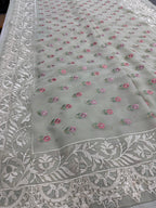 Siya | Light Sage Green Georgette Partywear Saree | Pastel Floral Embroidery