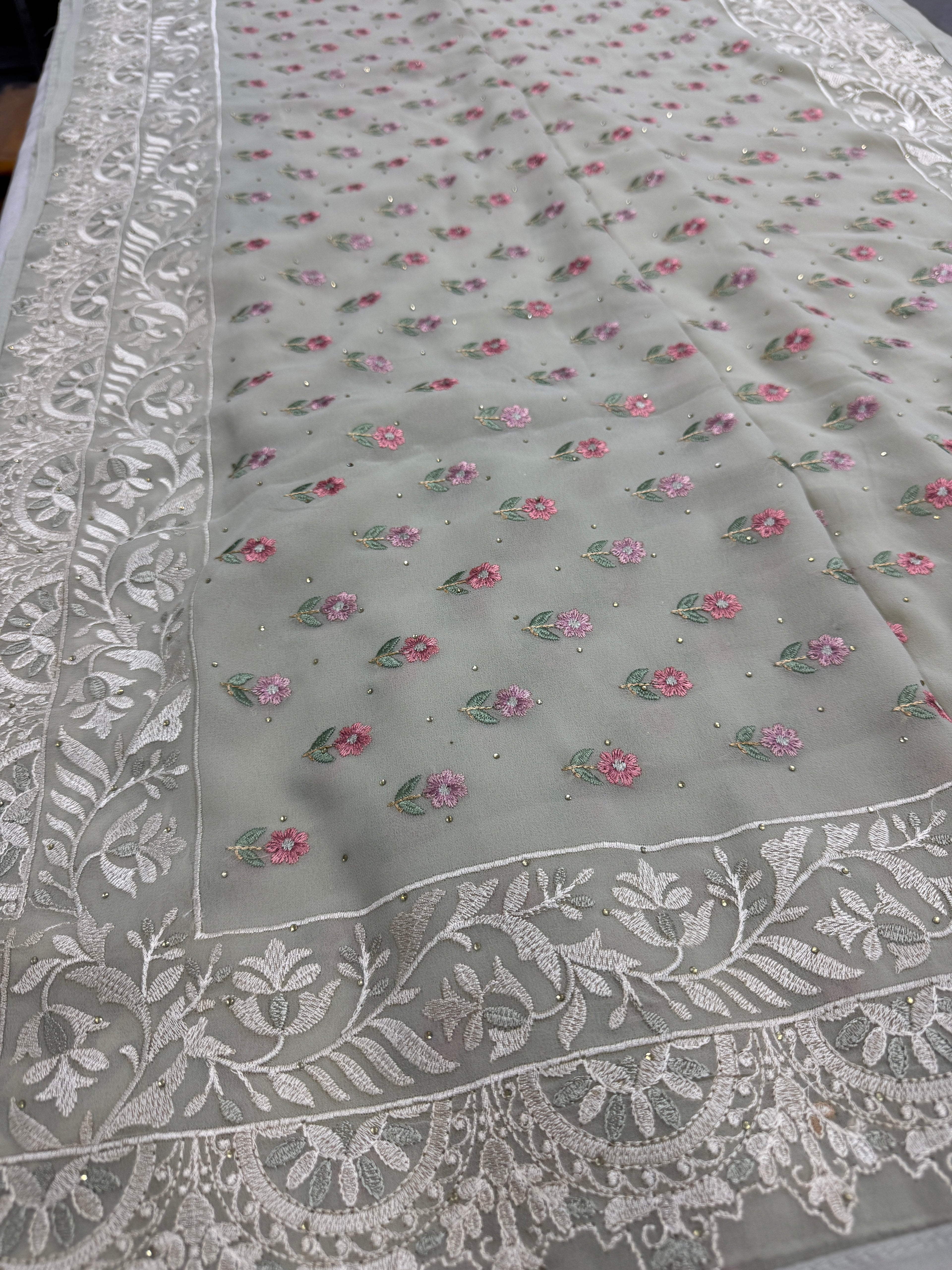Siya | Light Sage Green Georgette Partywear Saree | Pastel Floral Embroidery