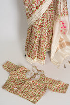 Ira : Off-White Ikkat Print Banarasi Katan Silk Saree – 38 Size Blouse