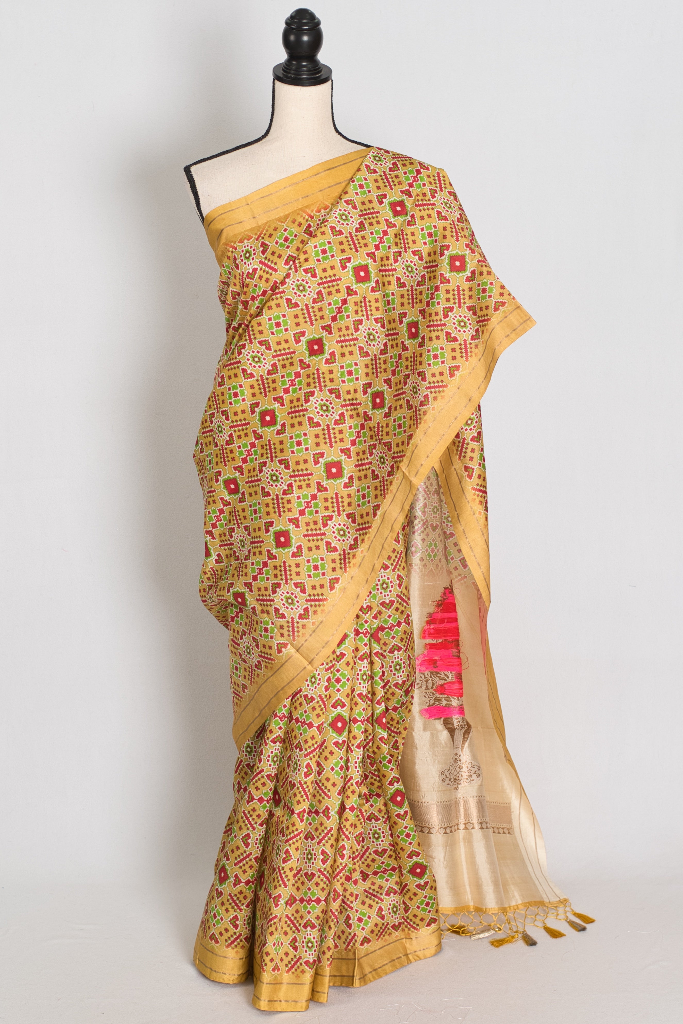 Naheed : Yellow and Gold Contemporary Ikkat Print Banarasi Katan Silk Saree