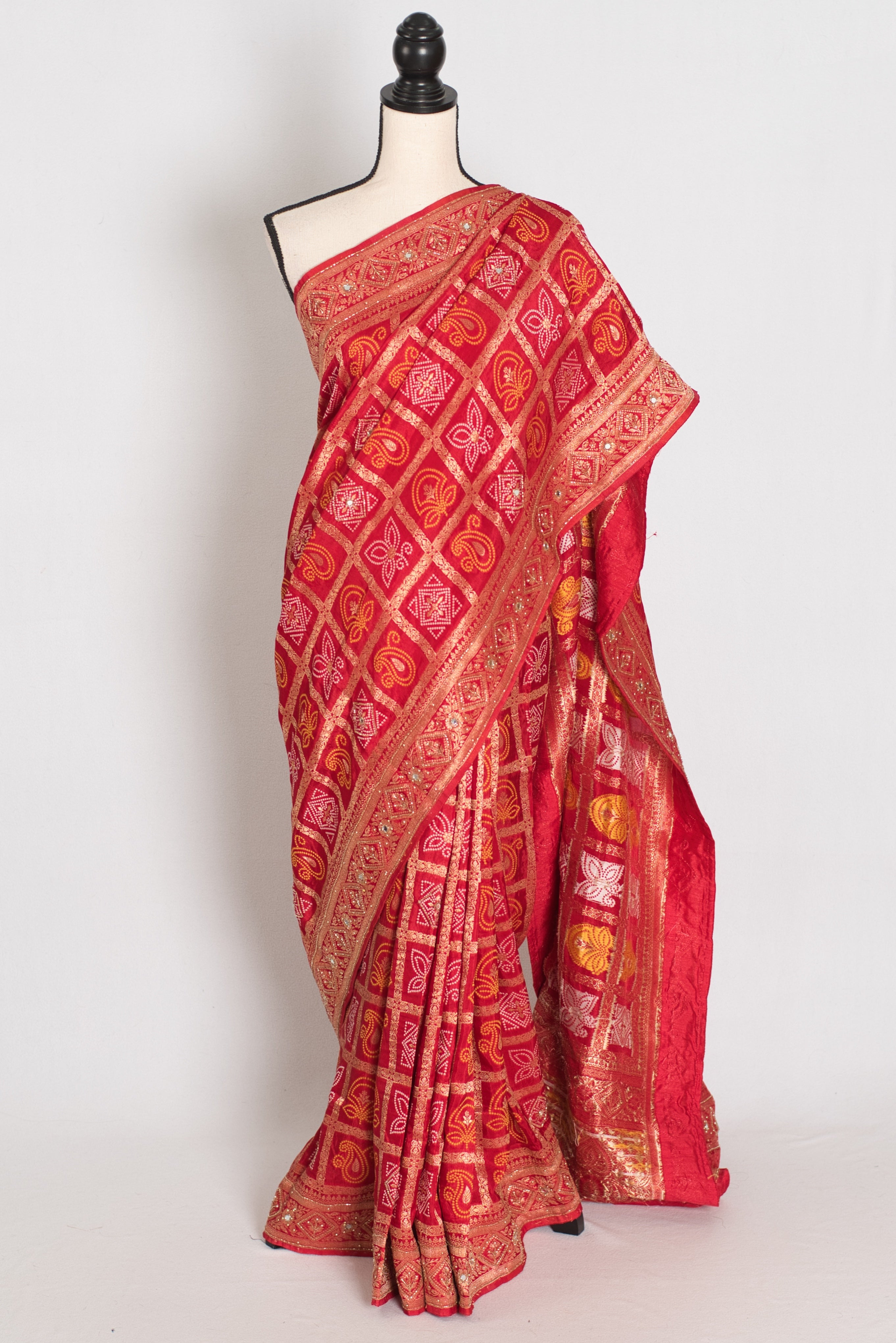 Radha | Red Dola Silk Gharchola Banarasi Saree | Hand-Embroidered Border & Pallu