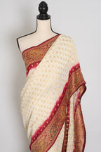 Jiya | Cream & Maroon Crepe Georgette Banarasi Saree | Traditional Bengali look