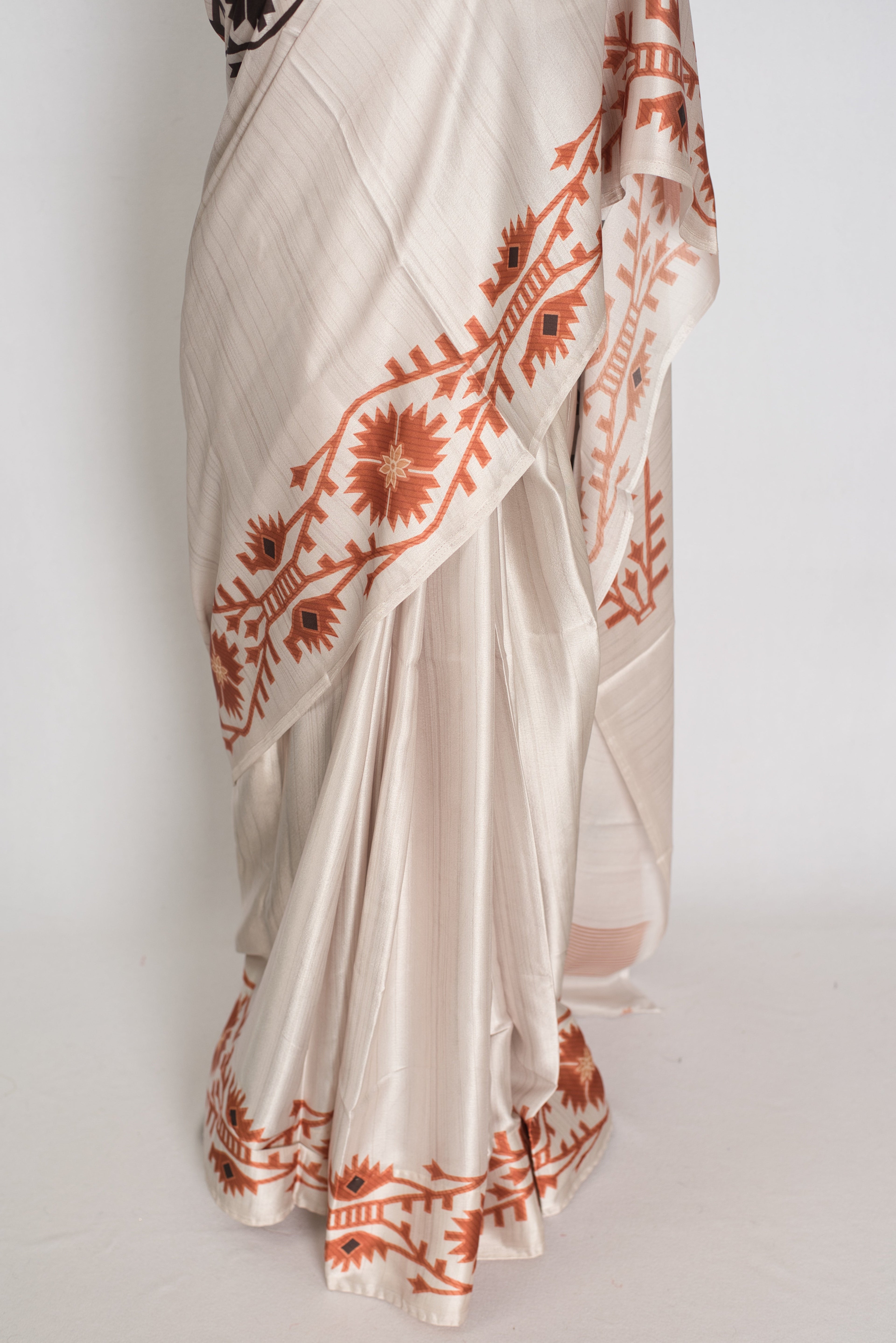 Rita | Cement White Soft Satin Saree with Traditional Kolka Prints