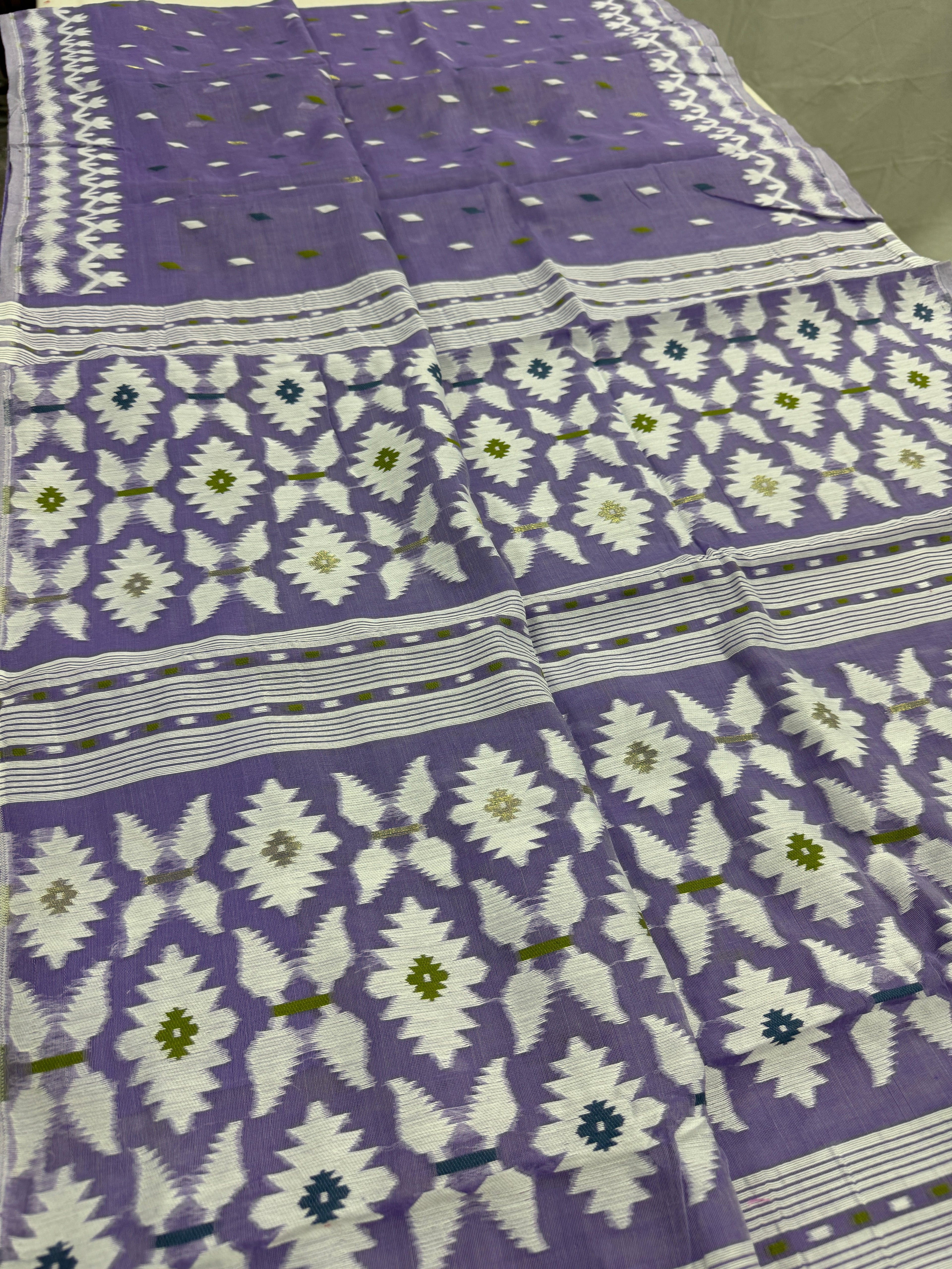 Madhabi : Mauve and White Blended Soft Cotton Jamdani Saree