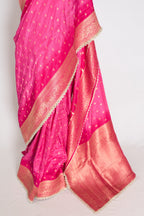 Abira | Pink & Gold Dola Silk Banarasi Saree | Designer Stitched Lace Border