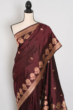 Rosa | Coffee Brown Pure Silk Banarasi Saree | Handwoven Gold Zari Rose Motifs