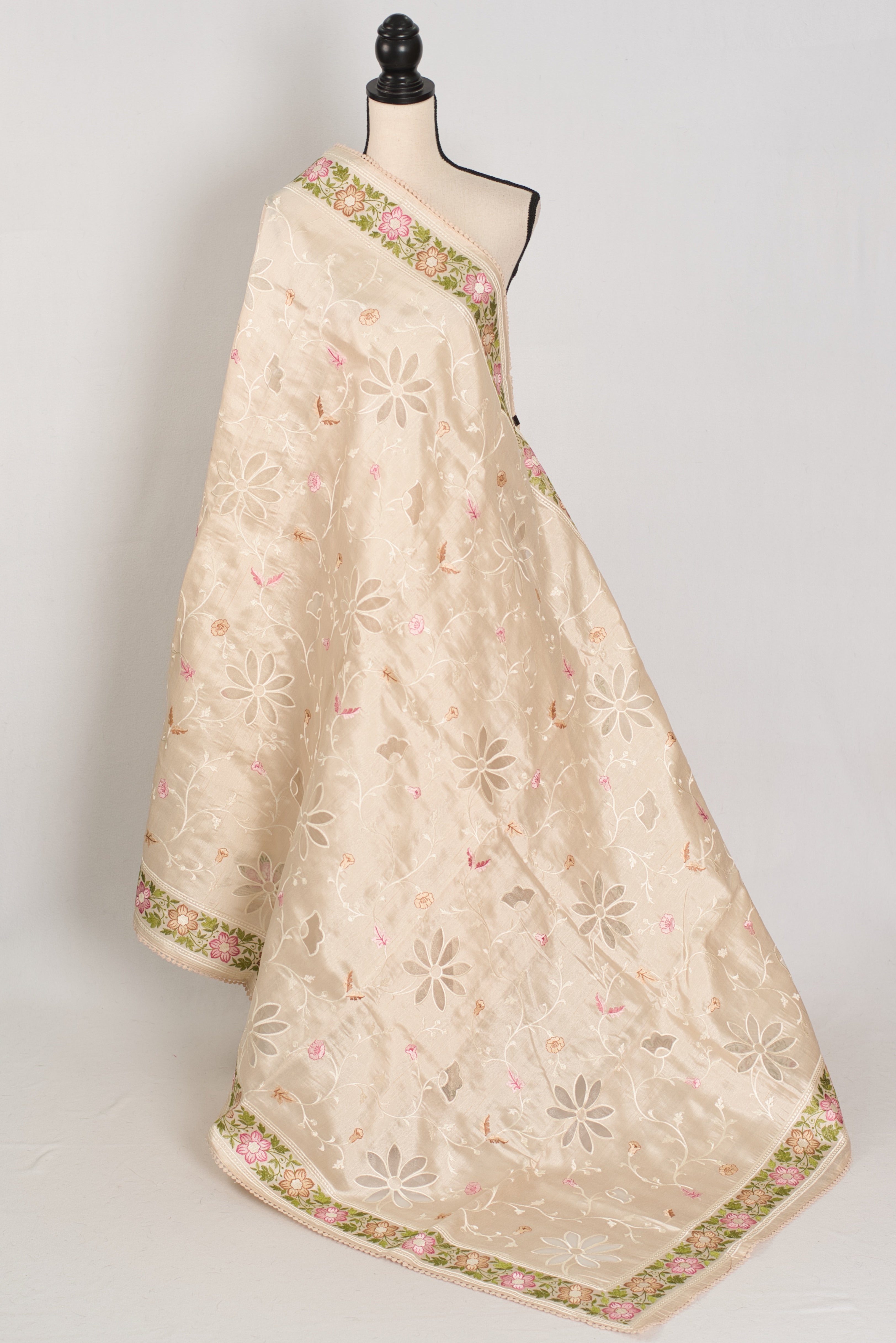 Shreya: Cream Semi Tussar Silk Saree with Multi-Color Cut Work Embroidery