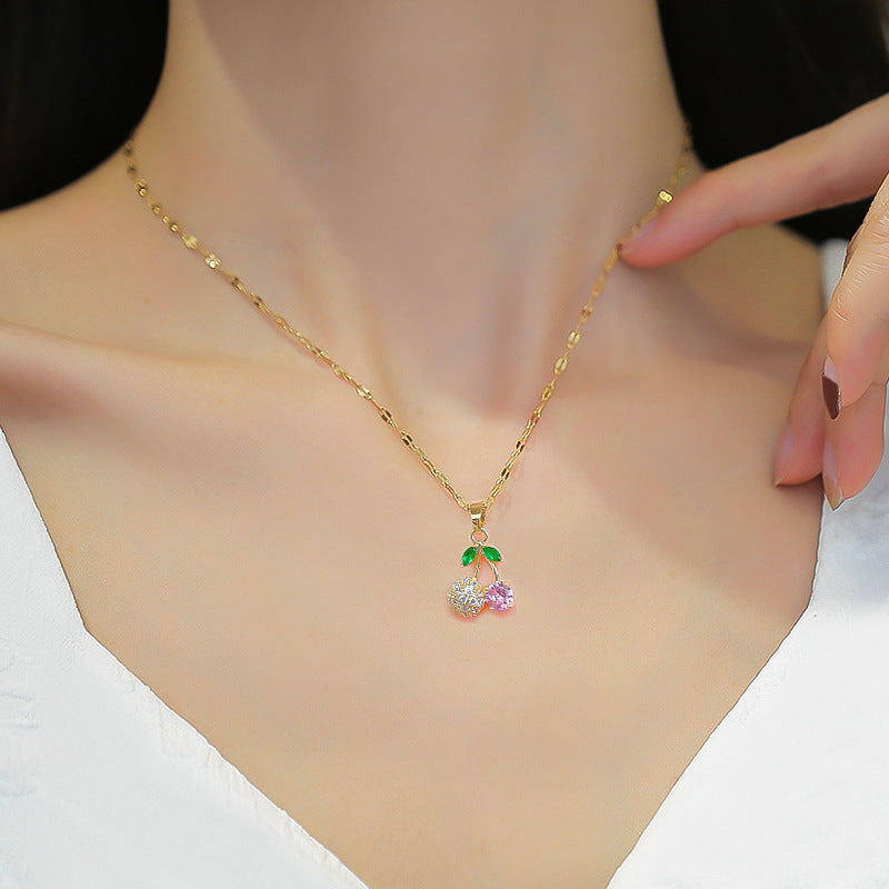 Cherry Diamond Micro Inlaid Real Gold Necklace Earrings