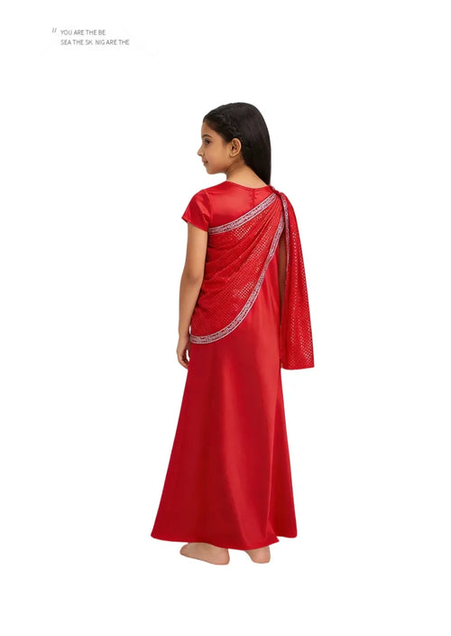 Girls Red Indian Ethnic Sequin Gown Kids Traditional Saree Dress Children Diwali Wedding Carnival Stage Performance Costume