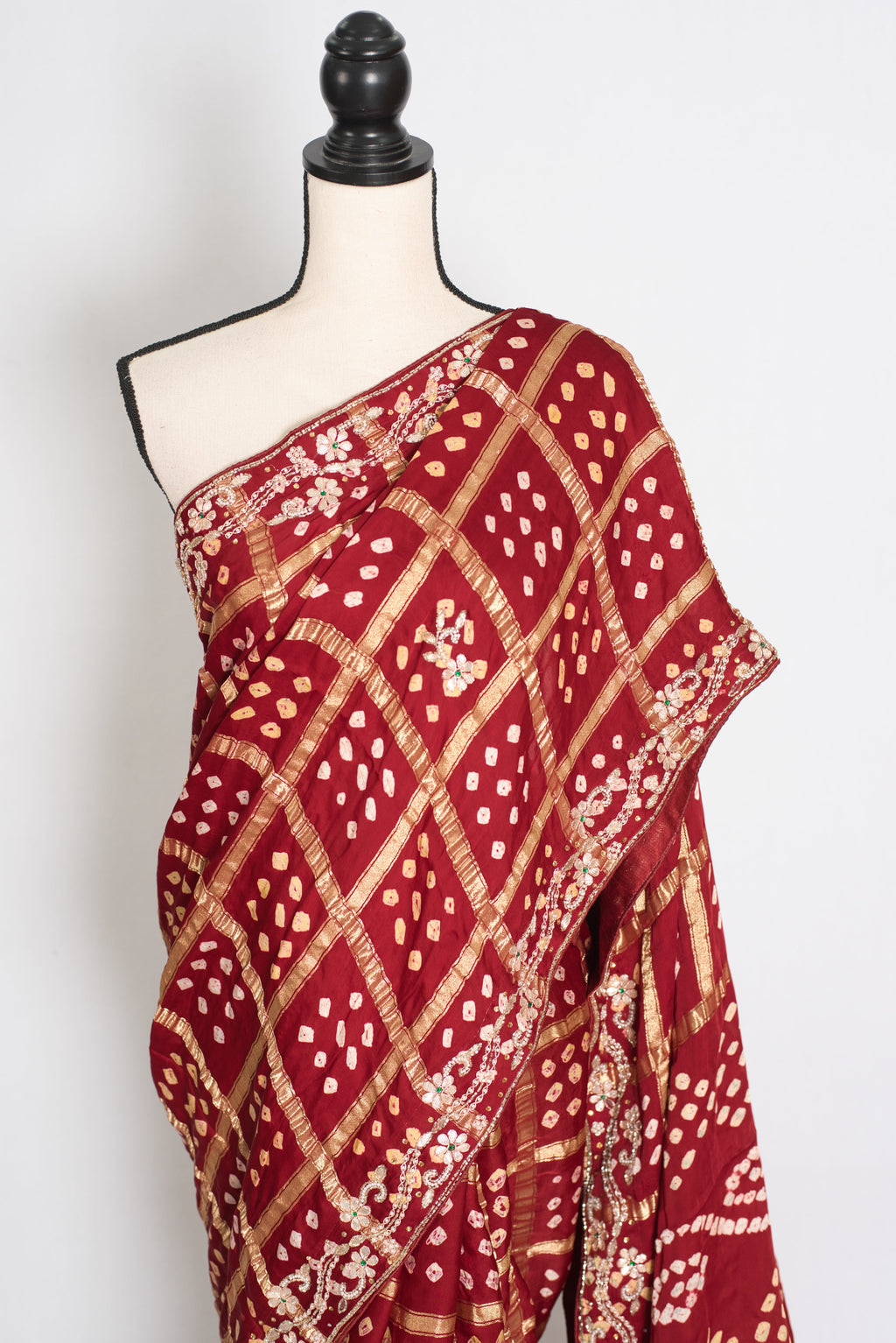 Roshni | Maroon Gharchola Gajji Silk Saree | Zardosi Gota Patti Hand Embroidery