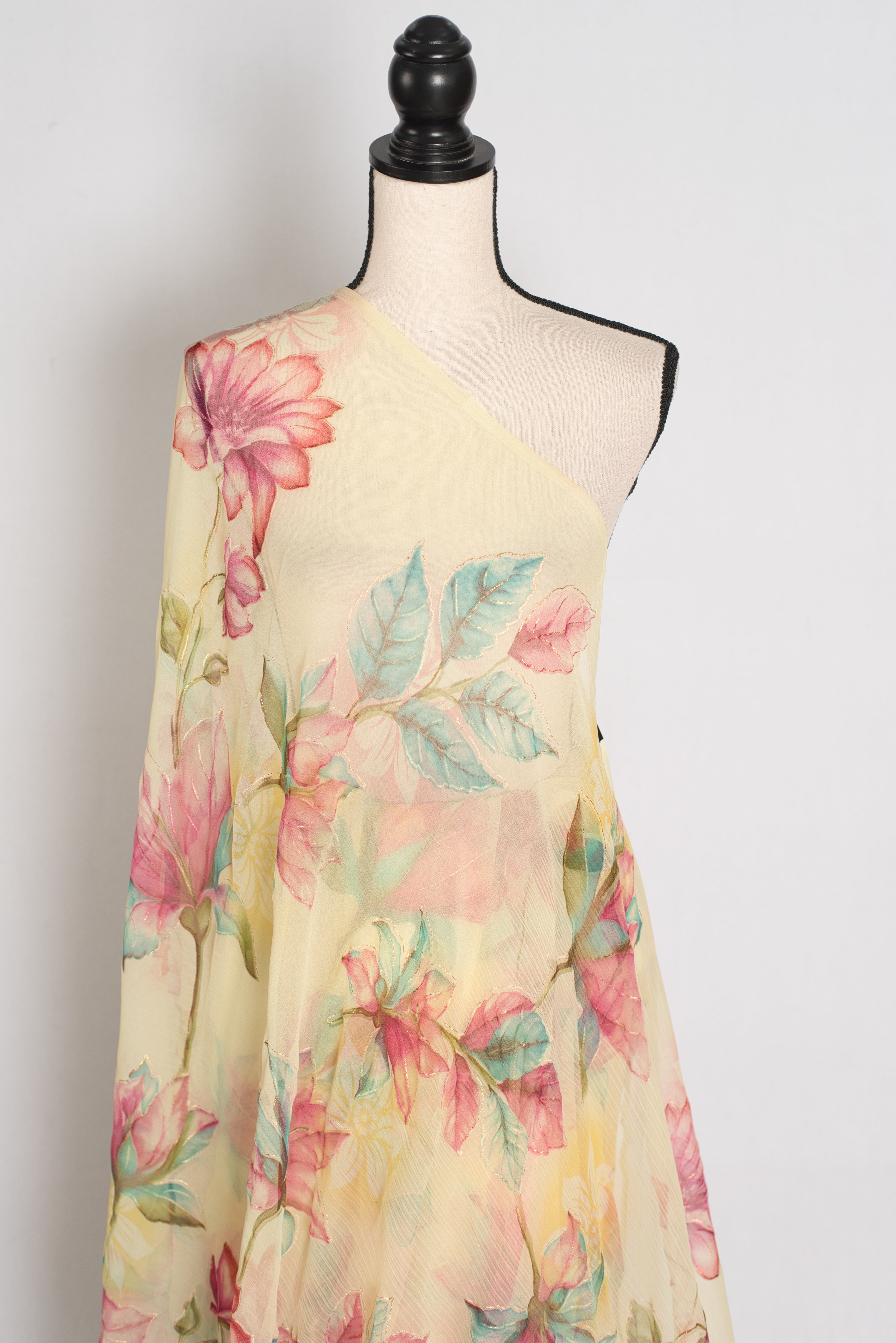 Sia : Light Yellow Floral Printed Chiffon Saree - Budget-Friendly Summer Drape