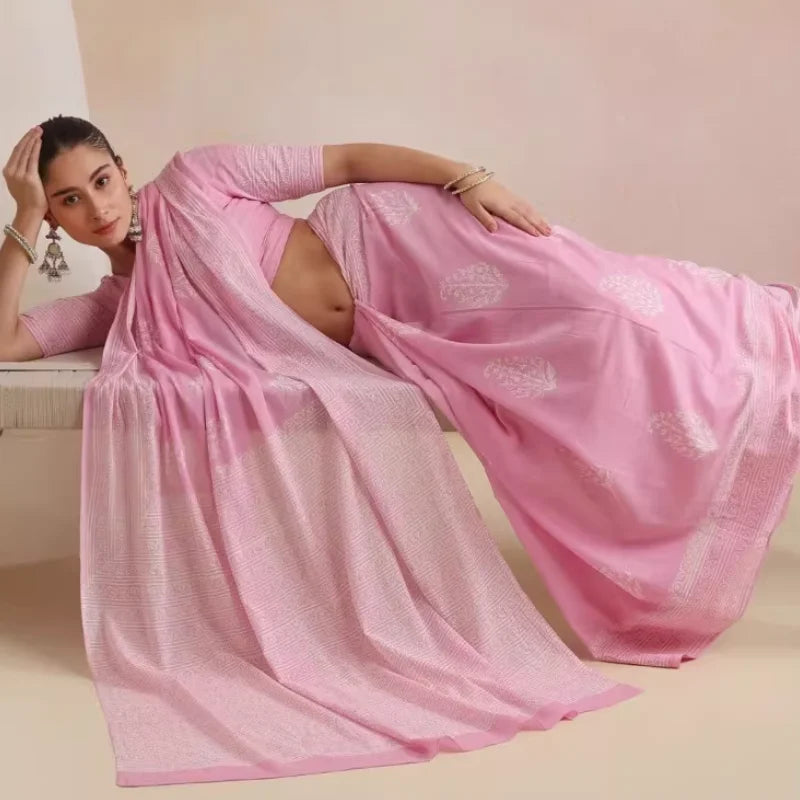 Indonesia and Nepal Chiffon Light Pink Cotton-Linen Ethnic Festival Traditional Print