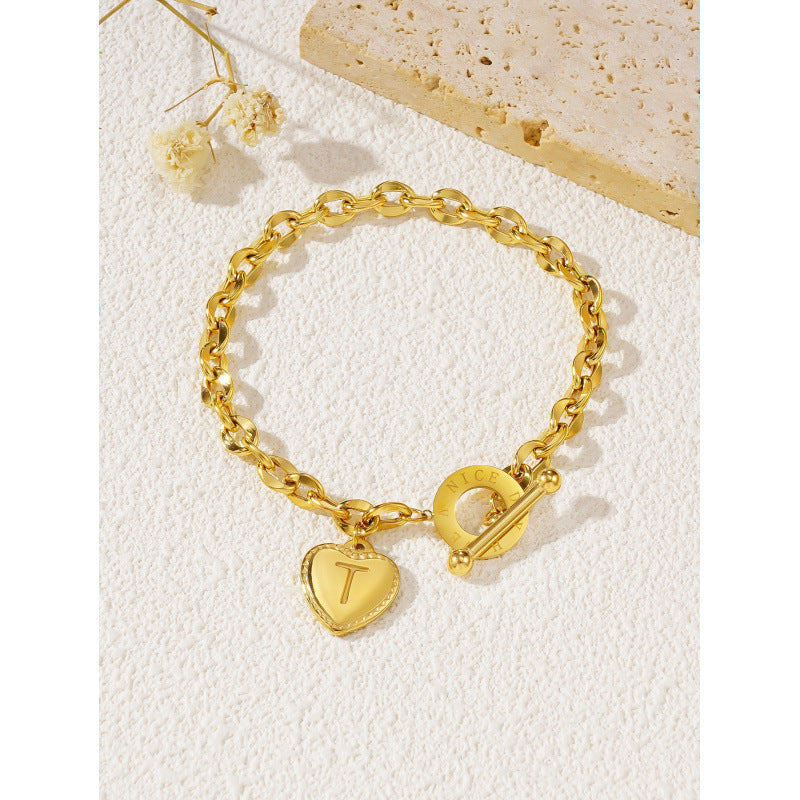 26-letter Gold Heart-clasp Titanium Bracelet A Versatile Personalized Stainless Steel Accessory