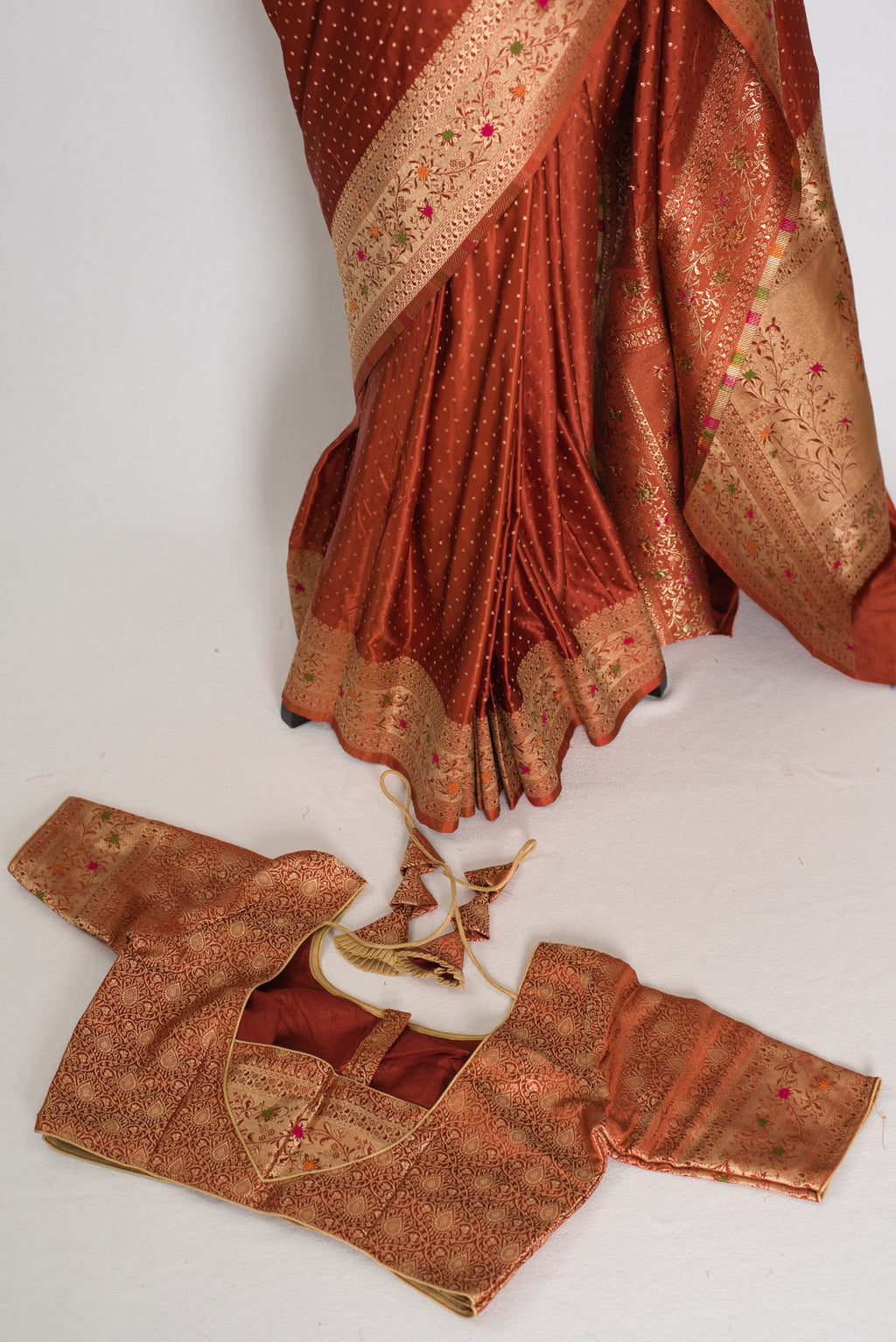 Nina | Rust Orange Semi Mashru Banarasi Saree | Pre-Stitched Size 40 Blouse
