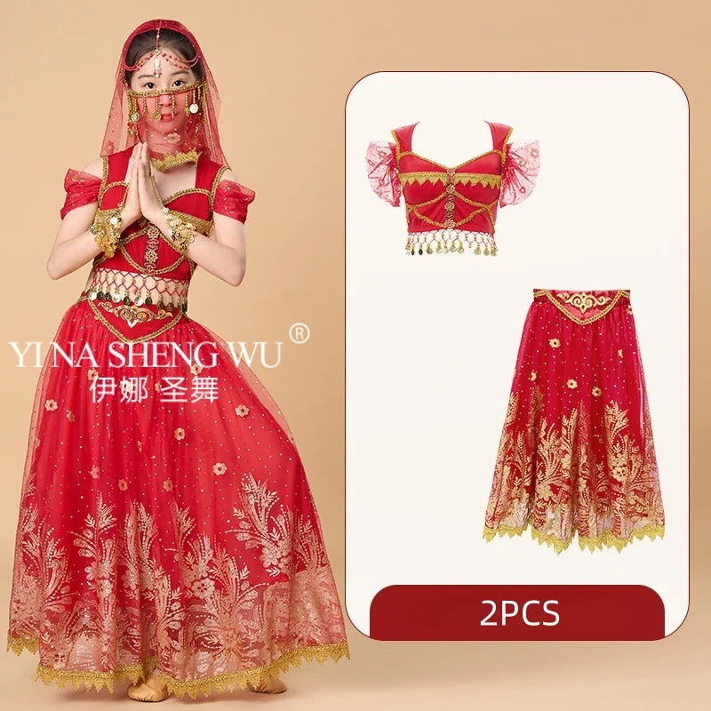 Children's Indian Princess Belly Dance Set Eastern Indian Dance Sari Girl Performance Clothing Children's Stage Costumes