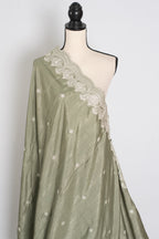 Hema | Sage Green Semi Tussar Silk Saree | Machine Embroidery & Scalloped Border