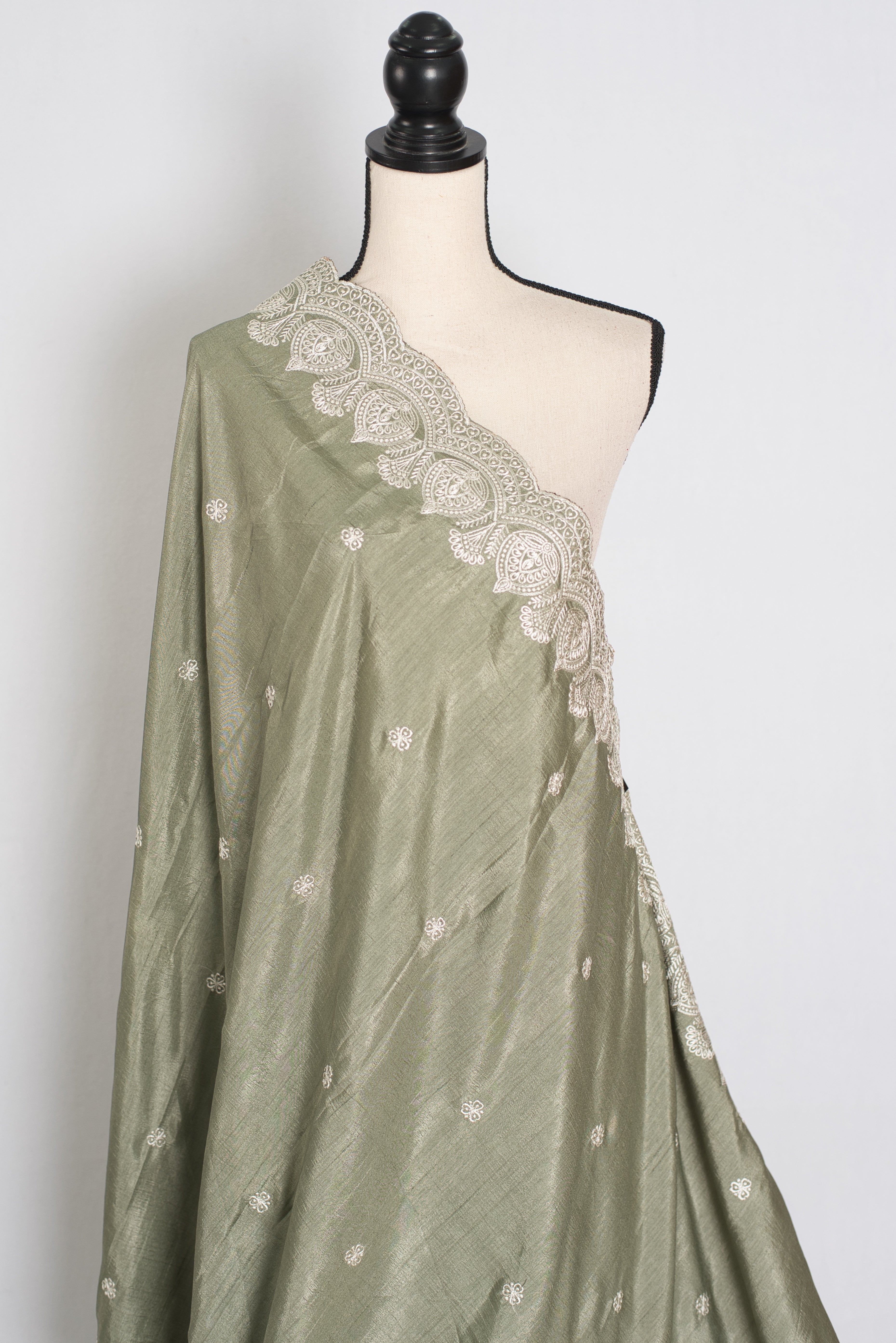 Hema | Sage Green Semi Tussar Silk Saree | Machine Embroidery & Scalloped Border