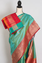 Nandini | Sea Green & Red Ganga Jamuna Border Banarasi Silk Saree