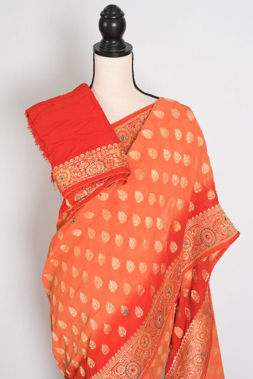 Anisha | Orange Semi Khaddi Georgette Banarasi Saree | Embroidery Work