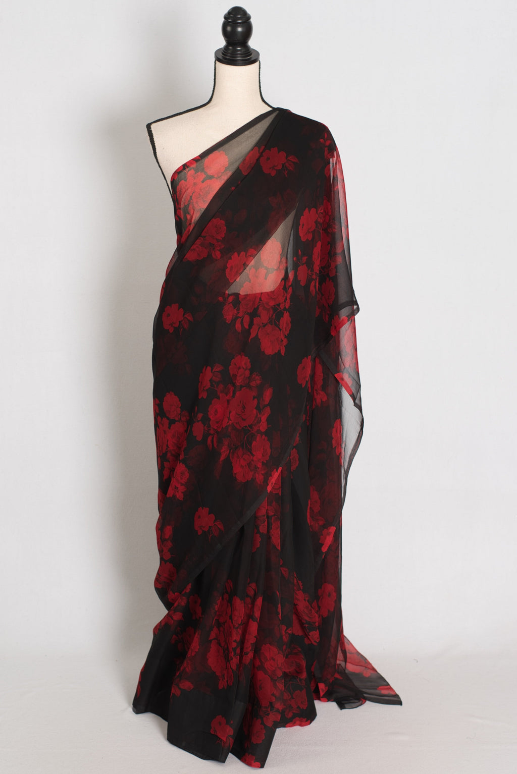 Mita : Black and Red Rose Printed Chiffon Saree - Budget Clearance Edition
