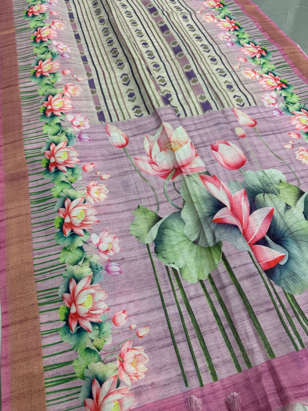 Rai | Off White & Lavender Ikkat Fusion Semi Tussar Saree