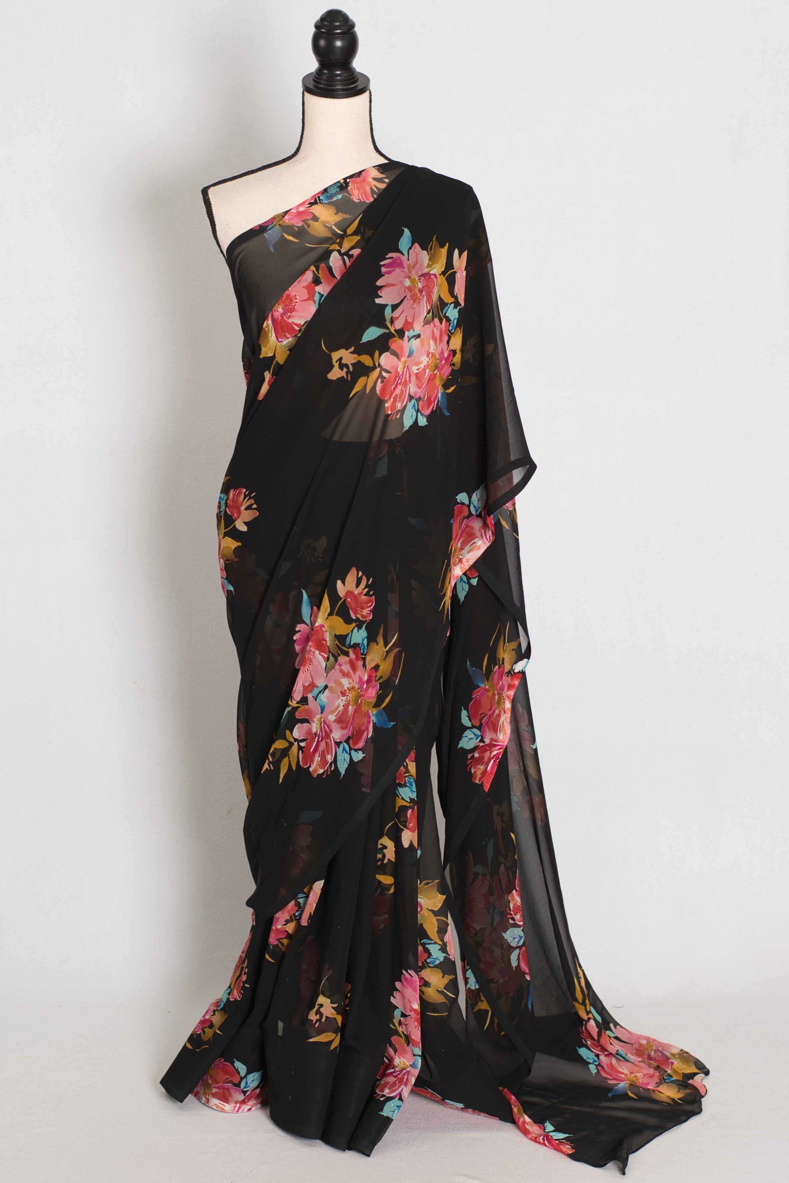Nita : Black Floral Printed Chiffon Georgette Saree